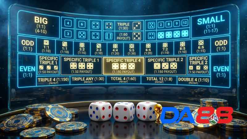 Giao diện bàn cược Sicbo với đa dạng cửa cược và tỷ lệ thưởng